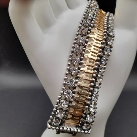 Stella & Dot Rhinestone Wide Bracelet, Two Rows Clear Rhinestones, 6 3/4 Inch - Picture 6 of 12